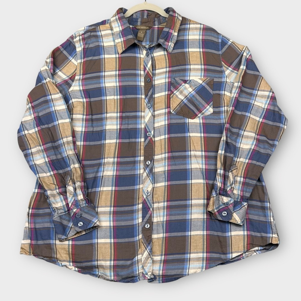 Bit & Bridle Shirt Womens 1X Blue Brown Plaid Button Up Long Sleeve Western Top